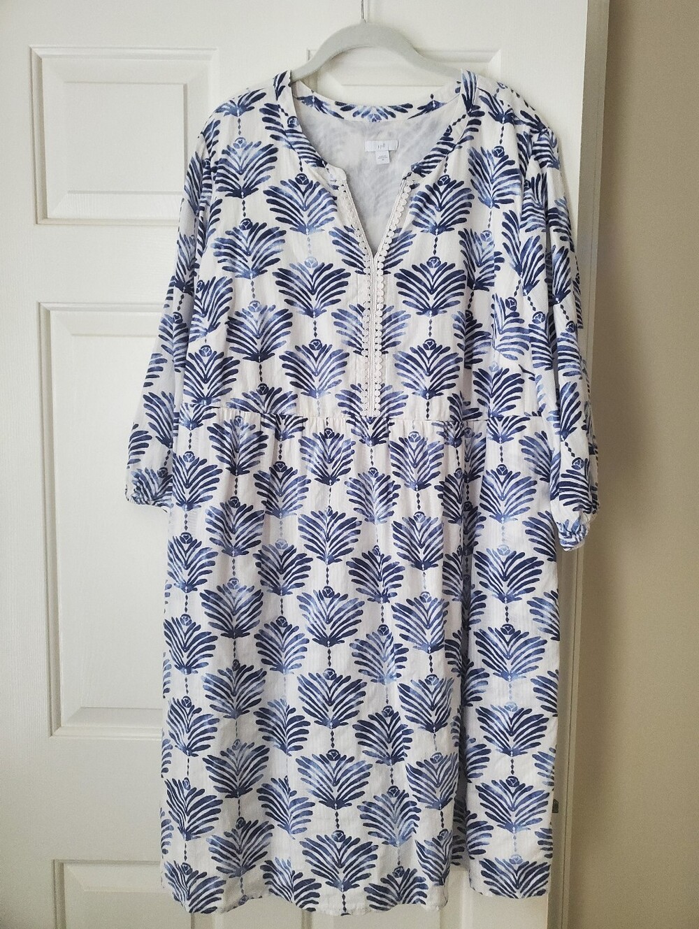 J. Jill White Dress with Navy Blue Botanical Print